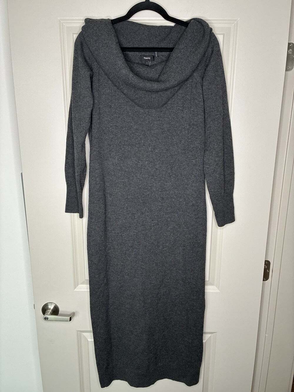 Theory Off the Shoulder Foldover Sheath Dress 100% Merino Wool Dark Gray Large